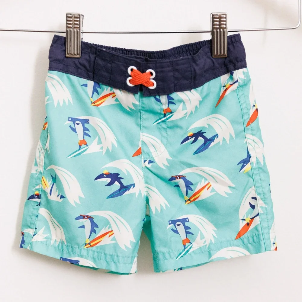 Cat & Jack Boys Teal Surfing Shark Swim Trunks Board Shorts 18M